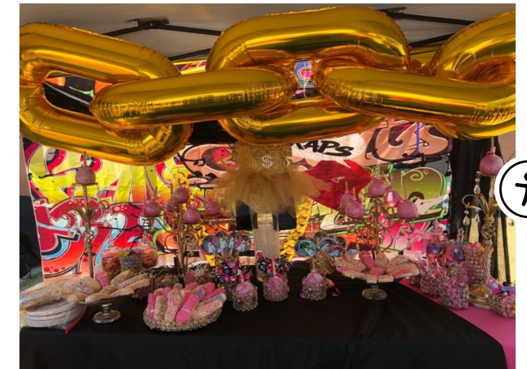 Hip-hop themed dessert table with gold chain balloons