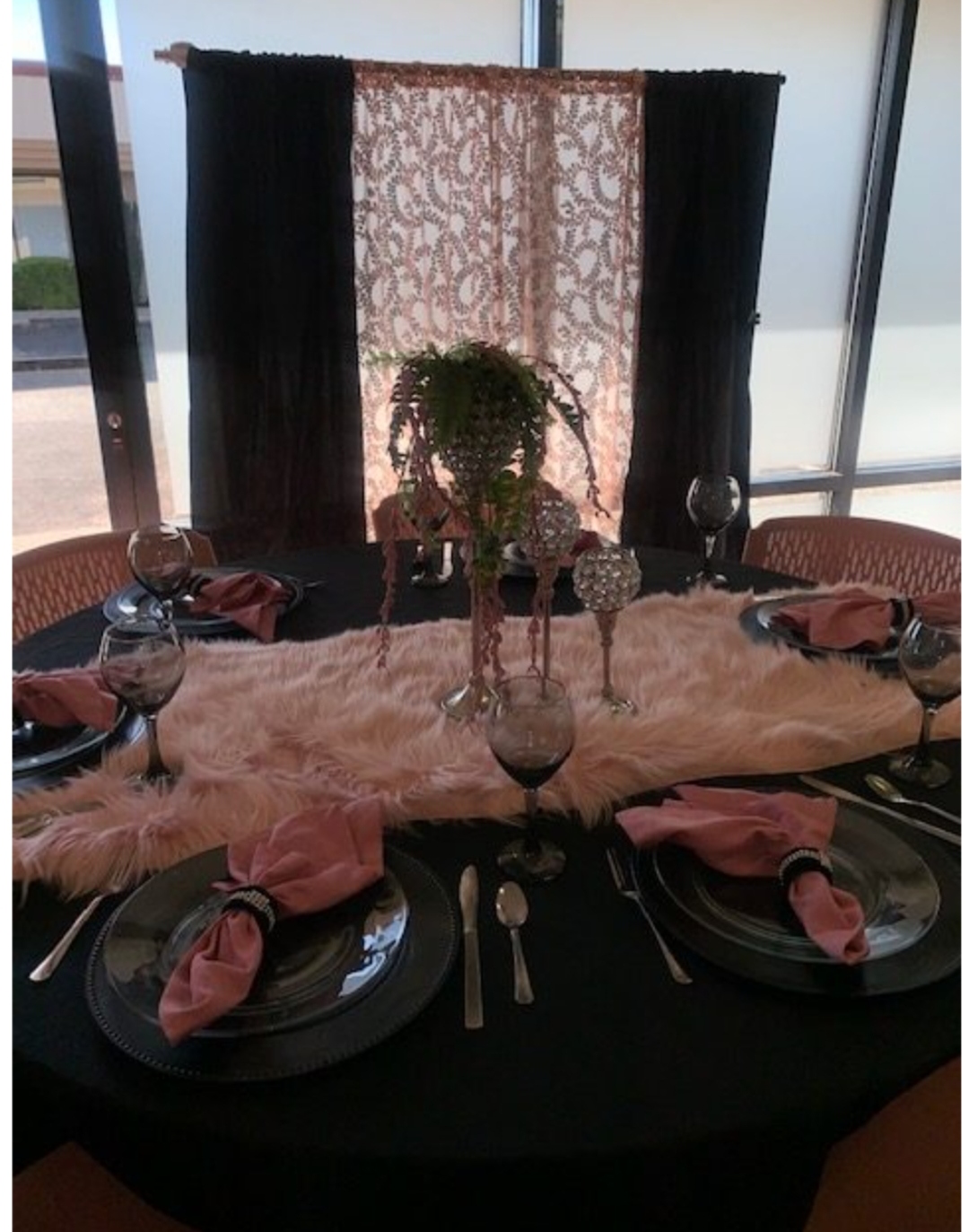 Elegant black and rose gold dinner tablescape