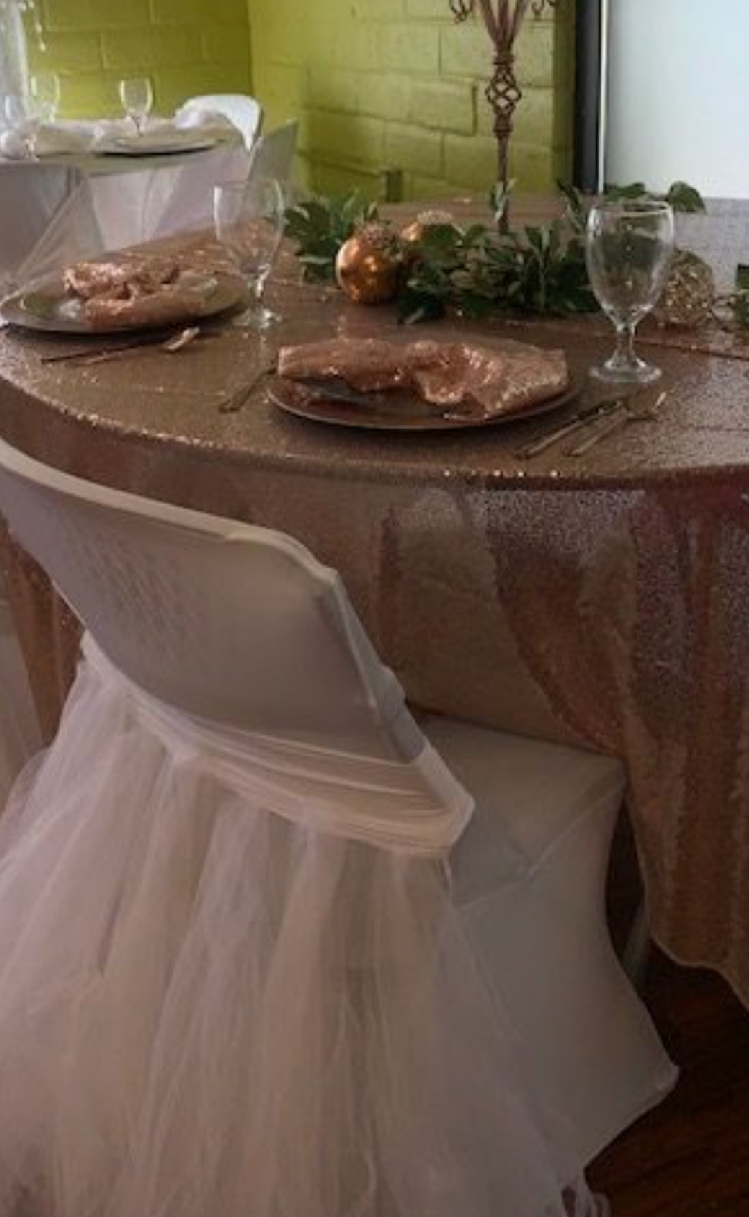 Rose gold sequin table with white tulle chair